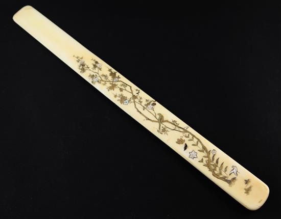 A Japanese ivory and shibayama type page turner, Meiji period, 38cm., restorations